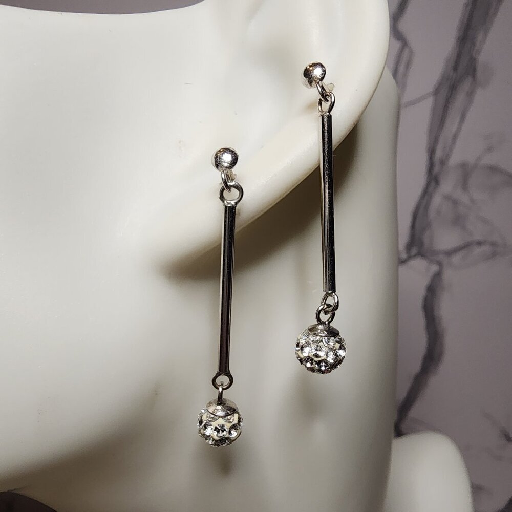 925 Silver and Crystal Bar Ball Drop Earrings